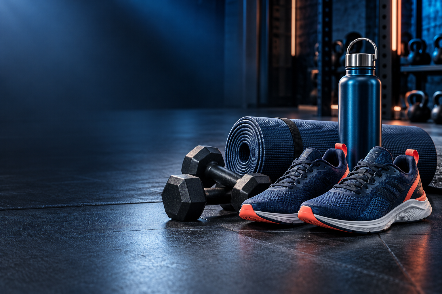 Premium running shoes and fitness equipment in a modern gym