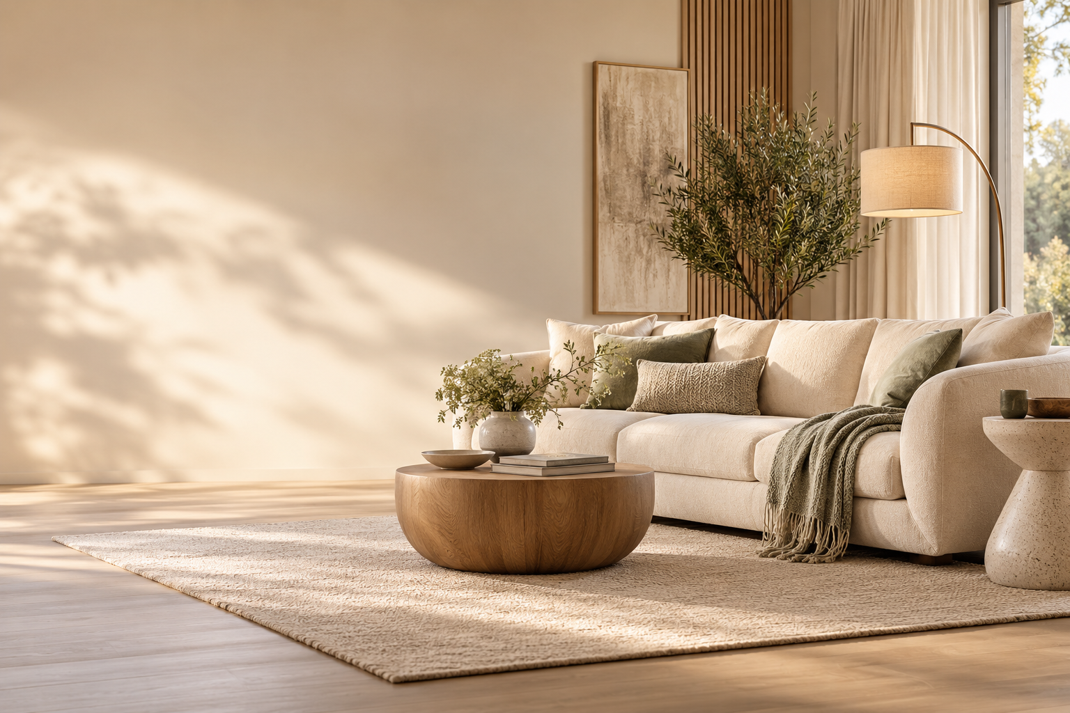 Elegant contemporary living room with cream sofa and natural furnishings