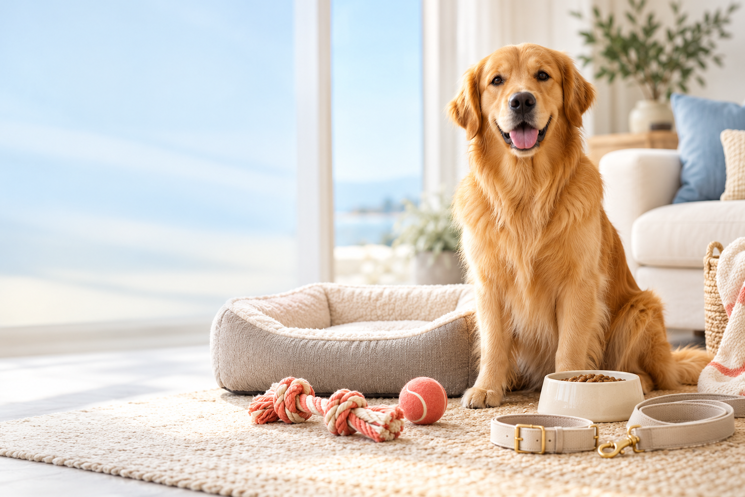 Golden retriever with premium pet accessories in a bright home