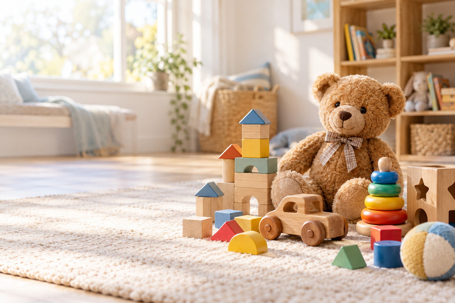 Teddy bear and wooden toys in a bright modern playroom