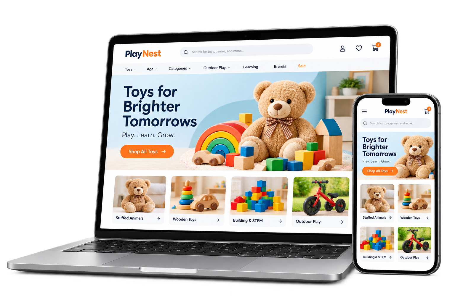 Modern laptop and smartphone displaying a premium responsive toy shop